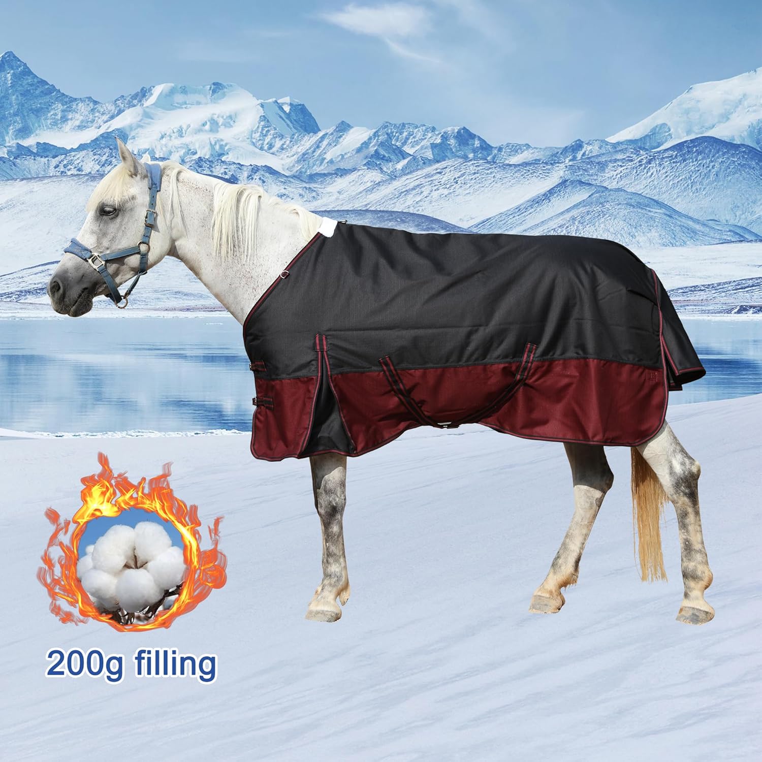 Detalle de Leberna 1200D Winter Horse Turnout Rug with 200g Fill (6'3", Black Red) – Waterproof & Breathable