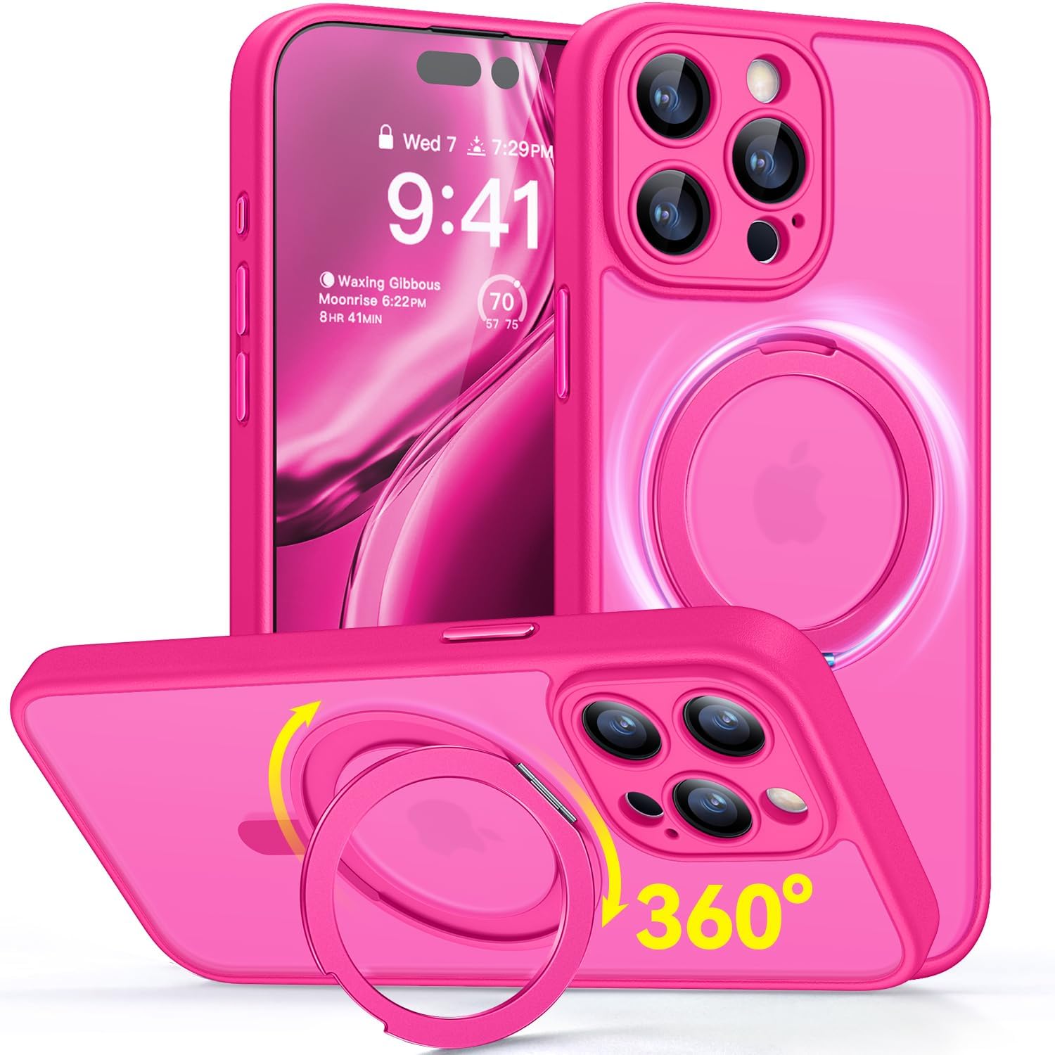 Detalle de CANSHN 360° Ständerhülle für iPhone 15 Pro – Kameraschutz, MagSafe, Matt Rosa