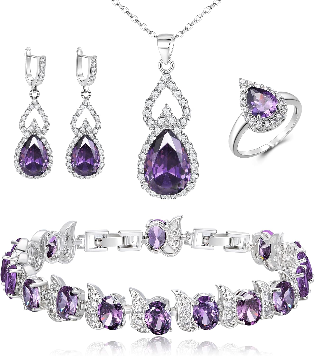 Thumbnail 4 de Parure bijoux de mariage Clearine en argent goutte d’eau, zirconia cubiques (4 pièces) : collier, boucles, bracelet et anneau réglable
