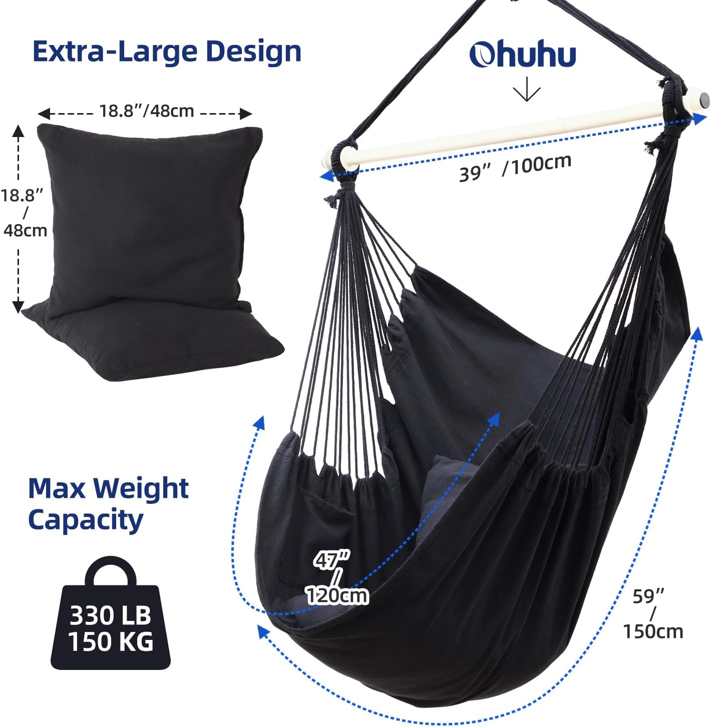 Thumbnail 2 de Ohuhu Hängesessel mit 2 Kissen und Deckenhaken-Kit – Outdoor XL bis 150 kg, Indoor/Outdoor, Schwarz