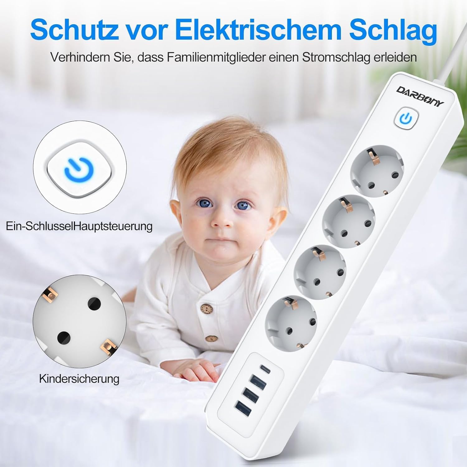 Thumbnail 3 de Steckdosenleiste 4 USB mit USB‑C, Wandmontage und Schalter – 3680 W / 16 A Mehrfachstecker mit Überspannungsschutz, 1,8 m, weiß