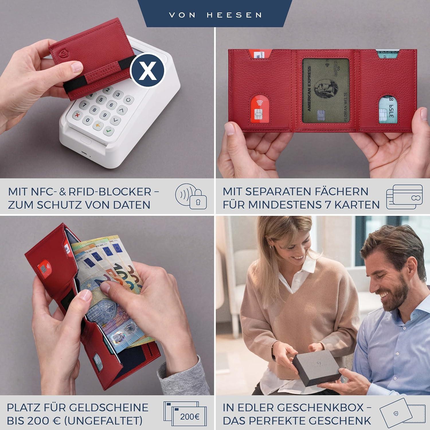 Thumbnail 1 de VON HEESEN Slim Wallet mit Münzfach & RFID-Schutz – Minimalistisches Kartenetui aus Nappa-Leder