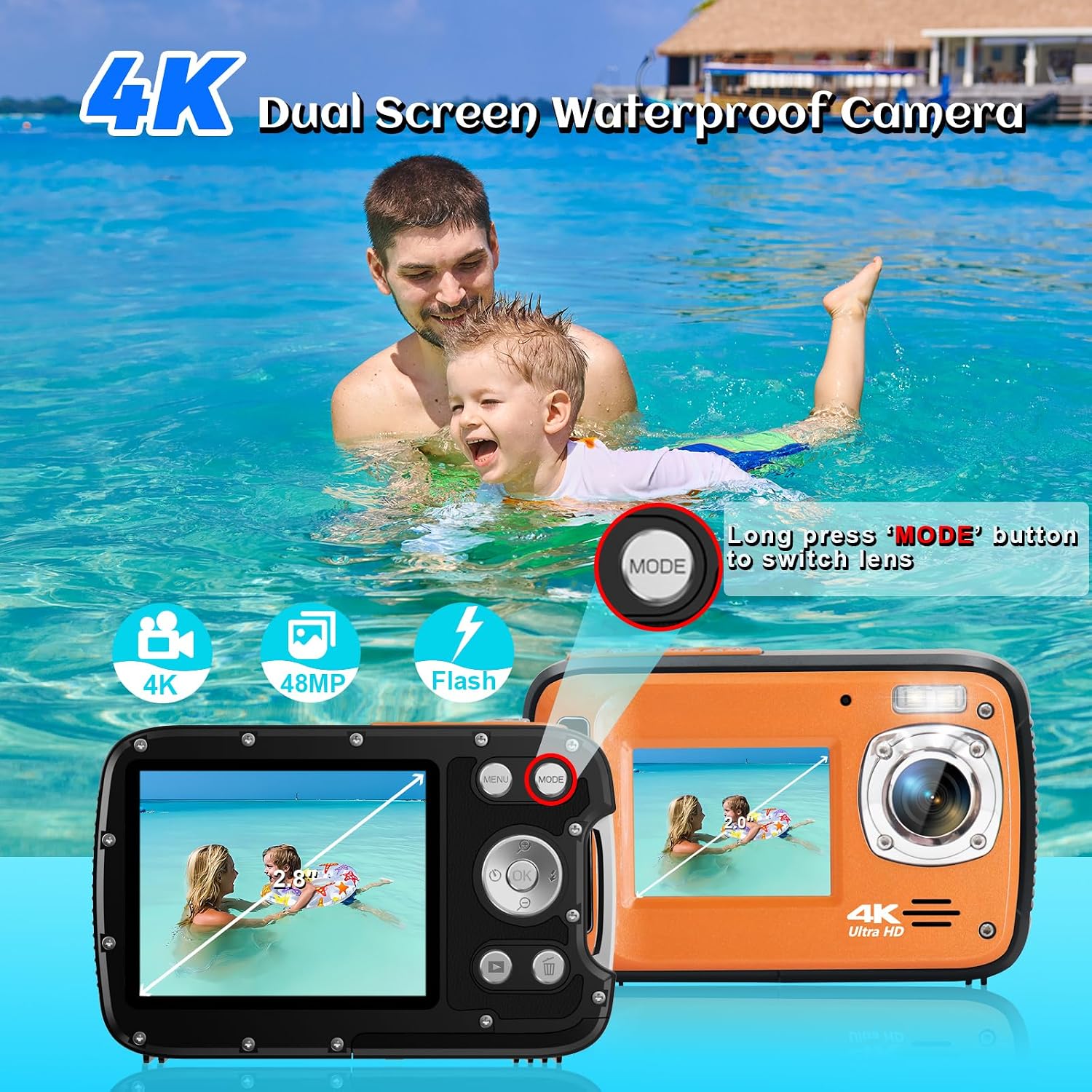 Detalle de 4K 48MP Waterproof Camera for Snorkeling with Dual Screens (17ft) and 32GB Card