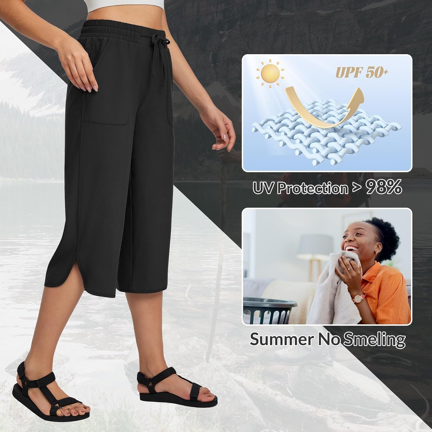 Detalle de Baleaf Women's Hiking Capri Pants UPF 50+ | Quick Dry, 4-Way Stretch Wide Leg Capris