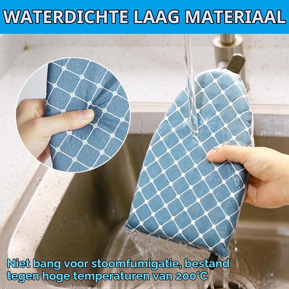 Detalle de Vicloon stoomstrijkhandschoen met vingerlus, schuimvulling en blauw raster