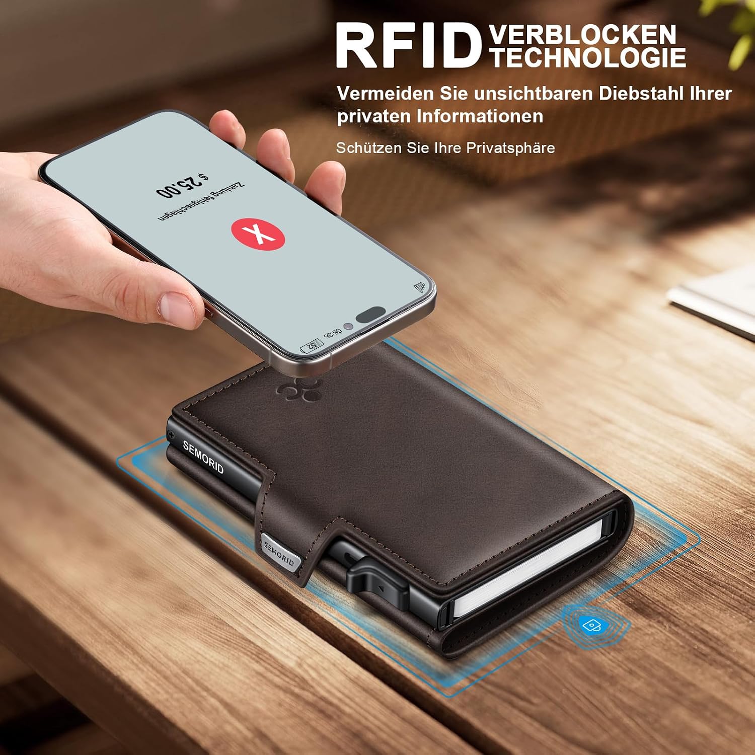 Detalle de SEMORID Geldbörse Herren – Slim Wallet mit Pop-up Kartenfach, RFID-Schutz und Münzfach