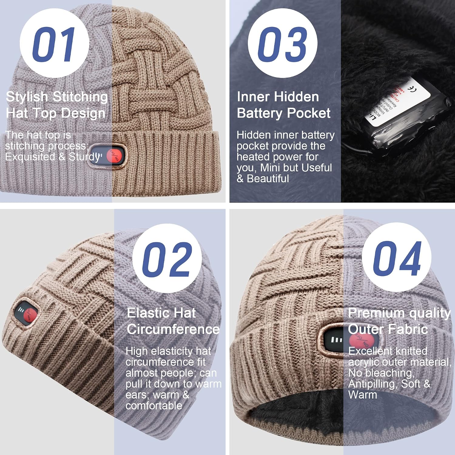Detalle de Svpro beheizte Beanie mit 7,4V Li‑Polymer Akku (bis zu 3–7 Stunden) und 3 Heizstufen