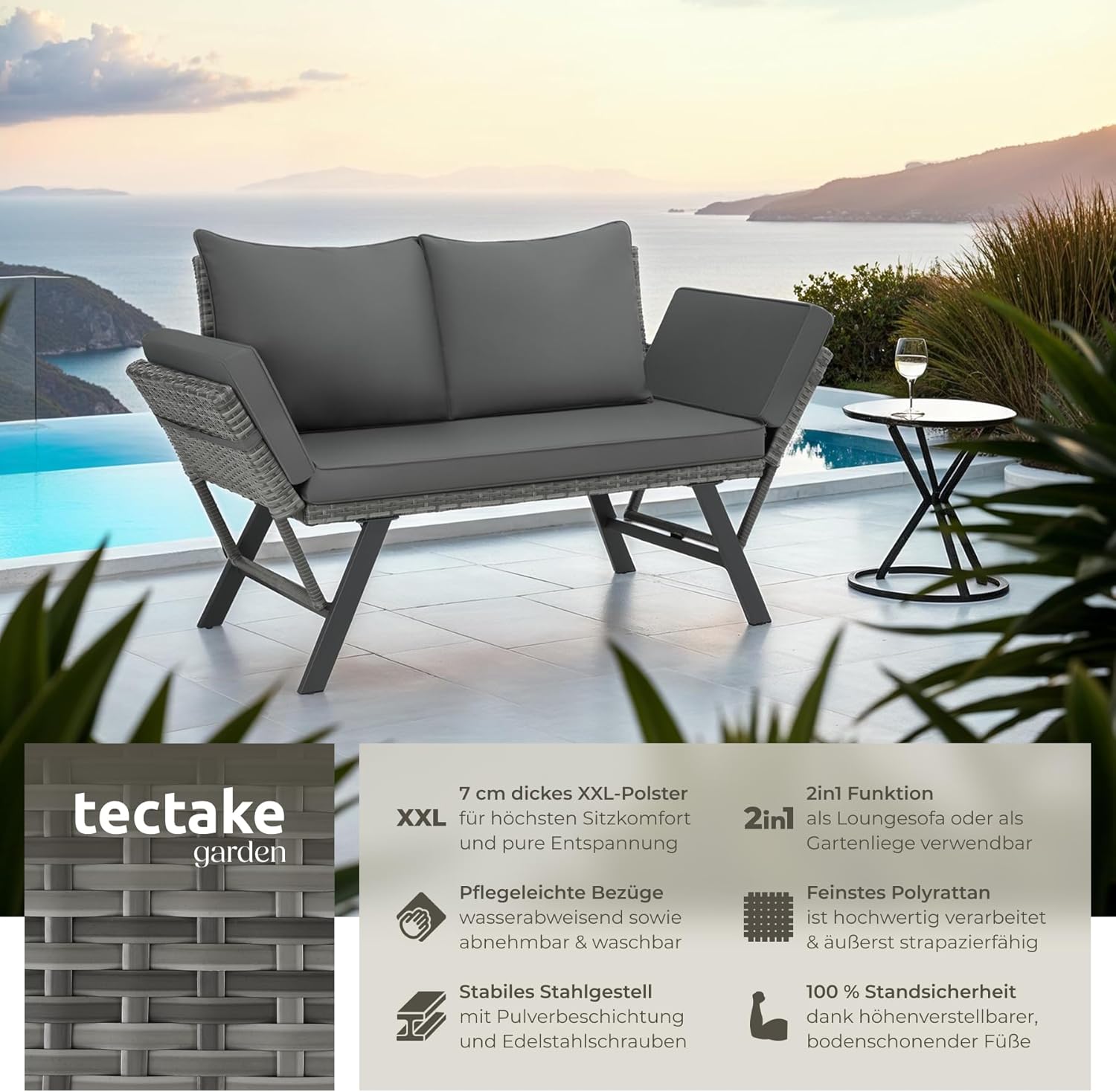 Detalle de tectake Rattan Loungesofa und Sonnenliege – 2-in-1 Gartenmöbel aus Polyrattan, grau