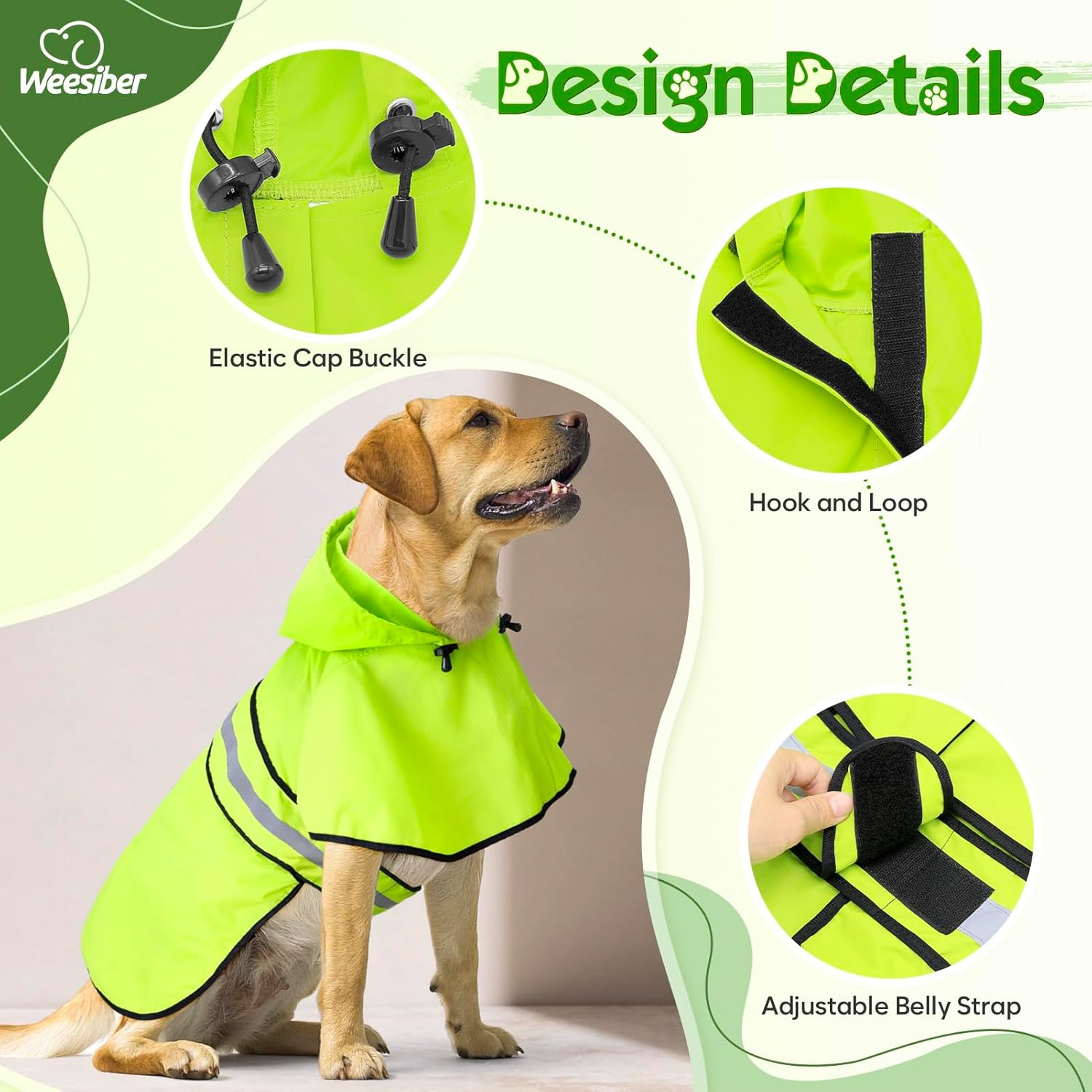 Thumbnail 1 de Weesiber Waterproof Dog Coat (Adjustable Rain Jacket with Reflective Strip) – Large, Green