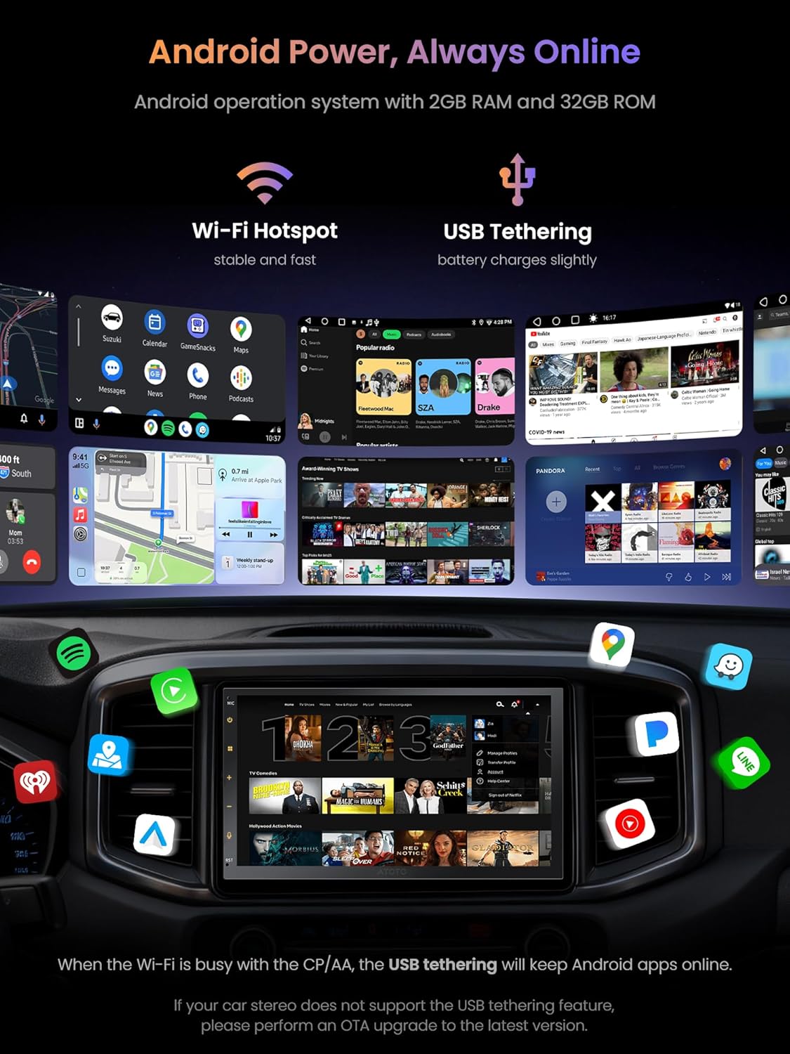 Thumbnail 1 de ATOTOZONE 7" Autoradio Android 2 DIN con CarPlay/Android Auto wireless, Wi‑Fi e GPS