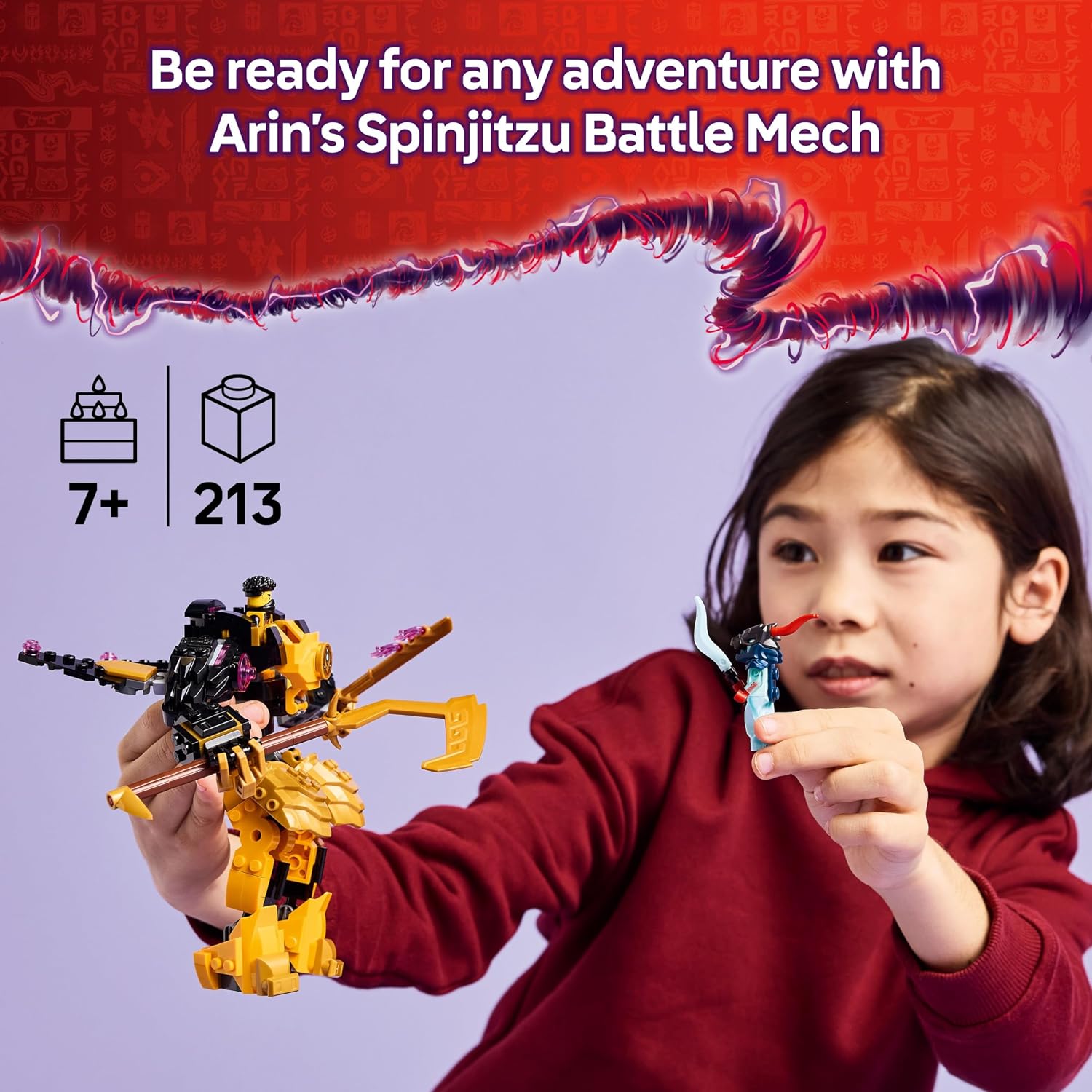 Detalle 2 de LEGO NINJAGO 71839 Arin’s Spinjitzu Battle Mech Toy (Mix & Match posable mech with Baby Riyu dragon + 2 minifigures)