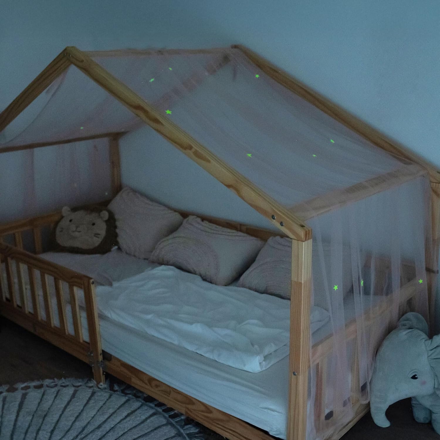 Detalle de lilimaus HB-SINGLE-STARS-135x420-SANFTROSA bedhemel met lichtgevende sterren, 135 x 420 cm