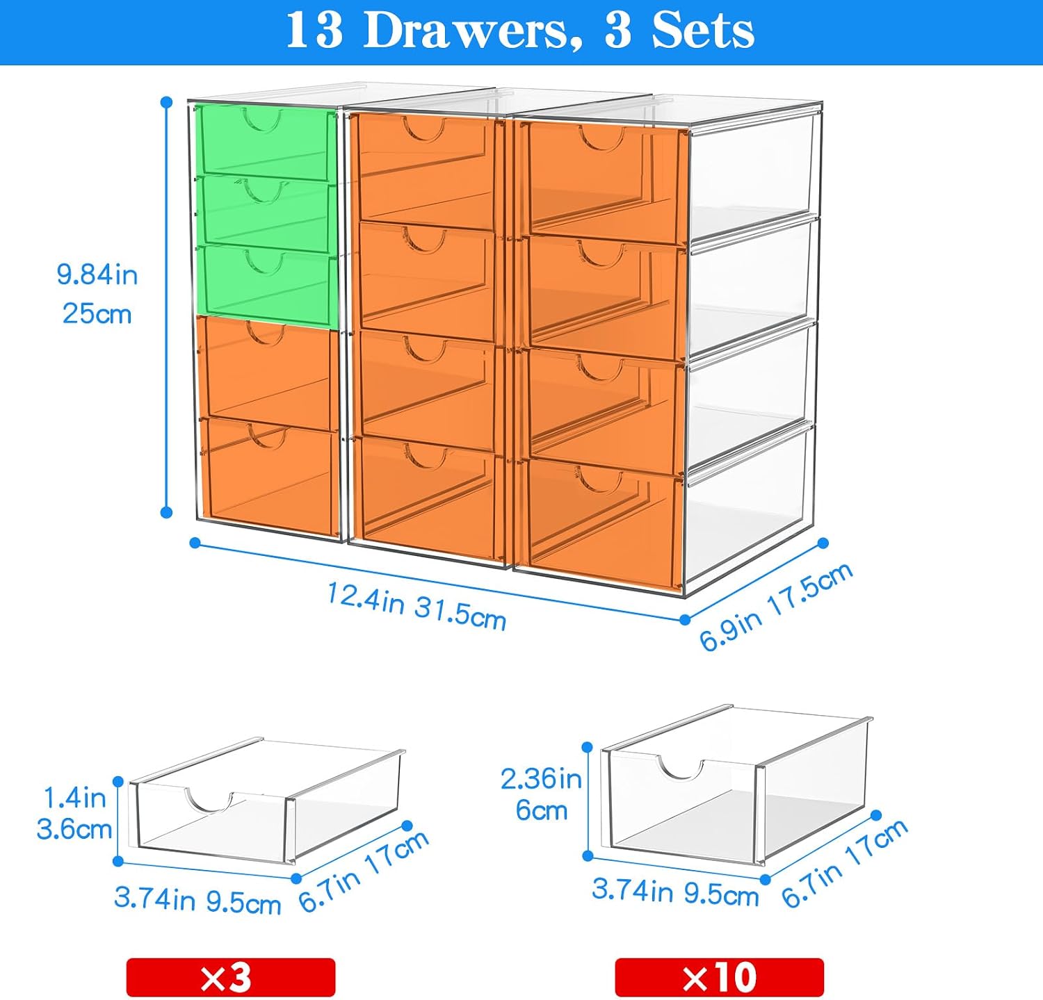 Detalle de ARSTPEOE 1930OD Acrylic 13-Drawer Organizer, Clear and Stackable