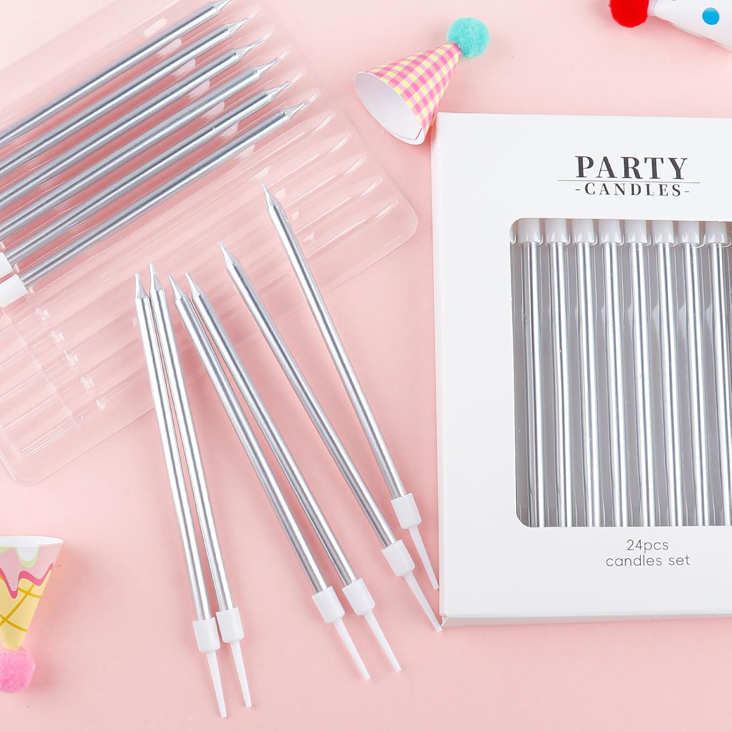 Thumbnail 4 de Glitter Silvery Birthday Candles for Cakes (24 pcs, 10cm) with Holders – long skinny cake toppers