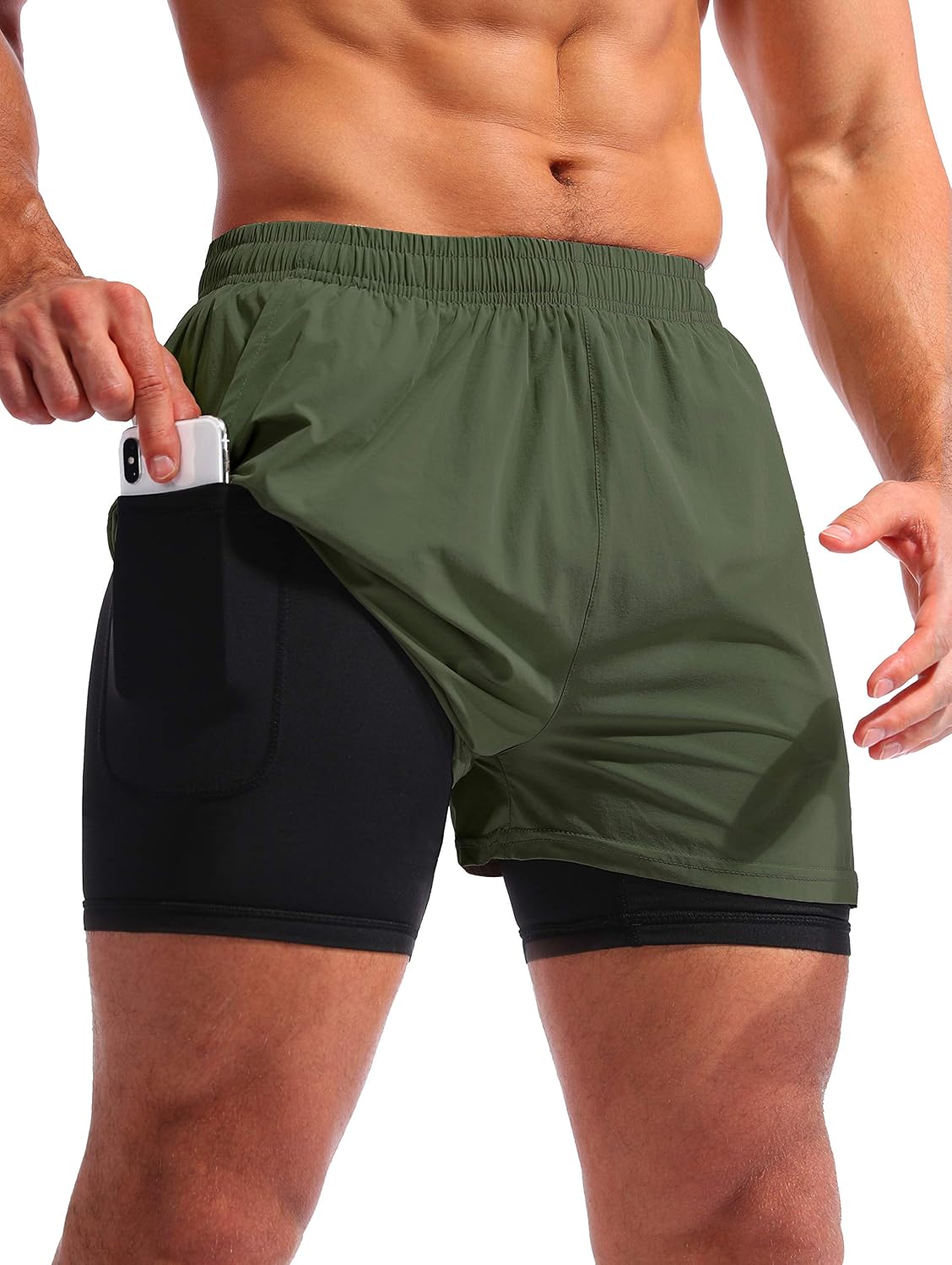 Detalle de Pudolla Men’s 2 in 1 Running Shorts 5" with Phone Pockets