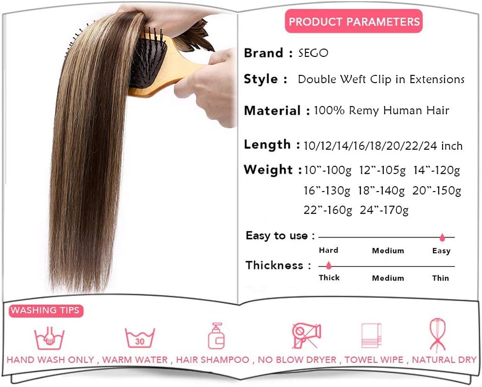 Detalle 2 de SEGO Extension Clip Capelli Veri Marrone Mix 4P27 – 45 cm, 18 Clip, 8 Fasce Remy a Doppia Tessitura