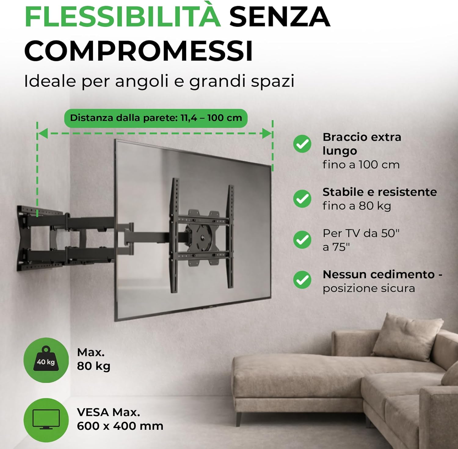 Thumbnail 1 de XTRARM TiTon Double 100 cm: Supporto TV Parete a due bracci per 50–75", 80 kg, VESA 600x400