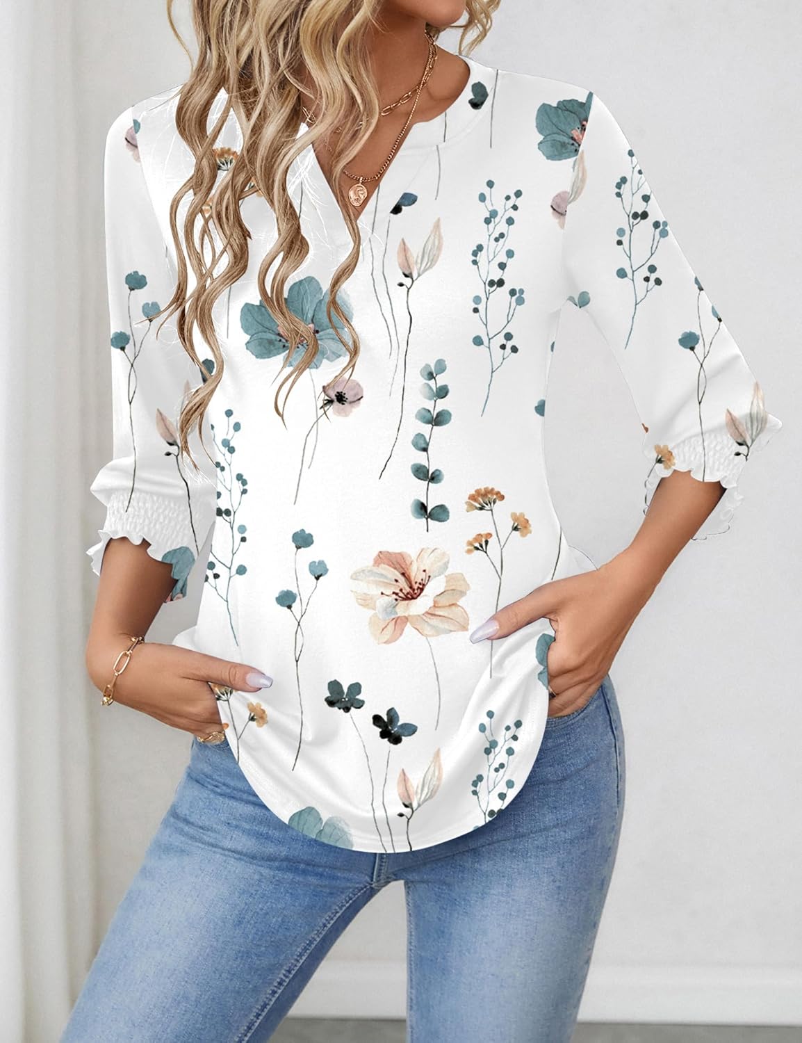 Thumbnail 2 de Rapbin Damen Bluse 3/4 Arm Langarm V-Ausschnitt Tunika Sommer Tops Locker Shirt Elegant Lässig Oberteil Blusen 2026