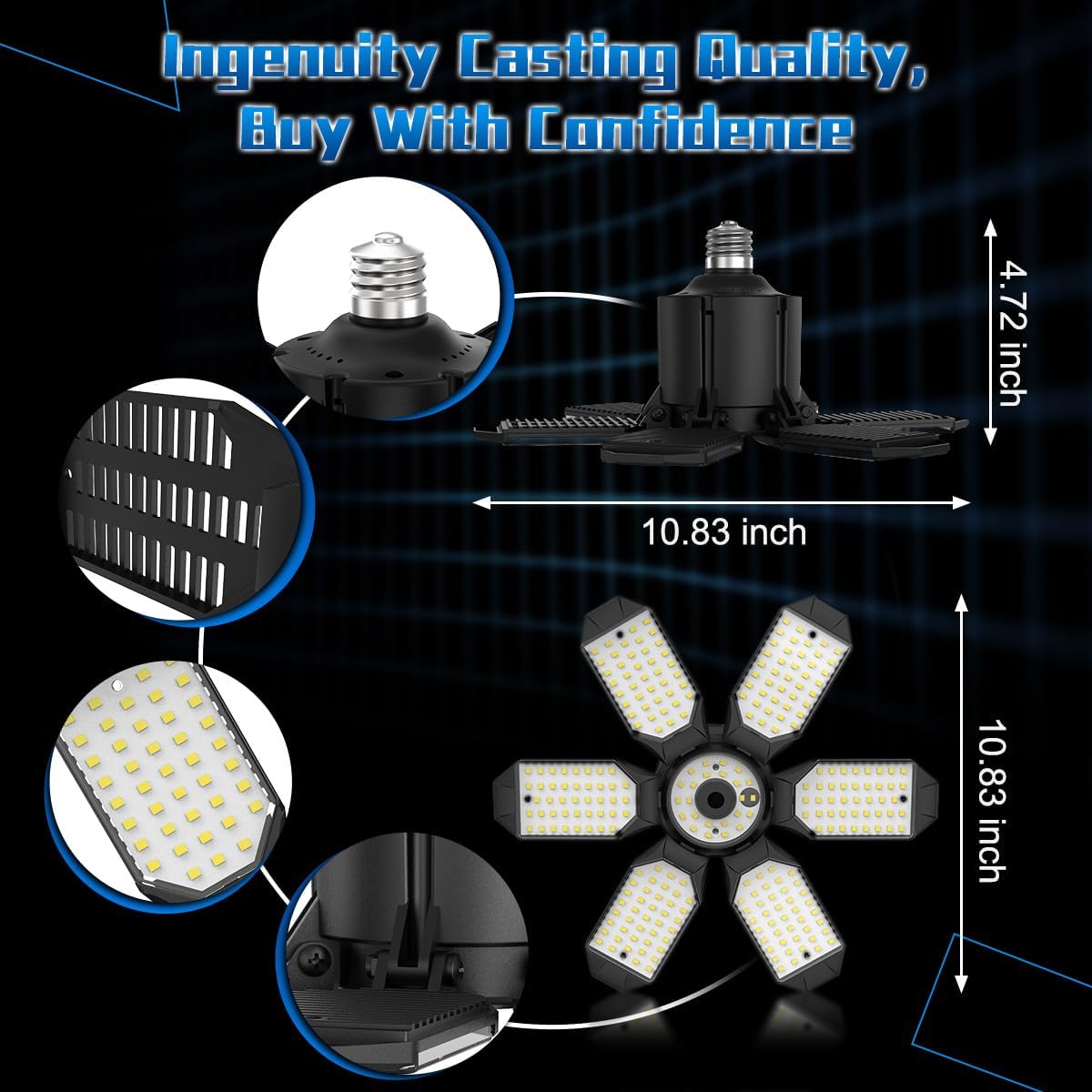 Detalle de POLARPRA Garage Light Bulbs, 6 Adjustable LED Panels, 6500K, 4-Pack