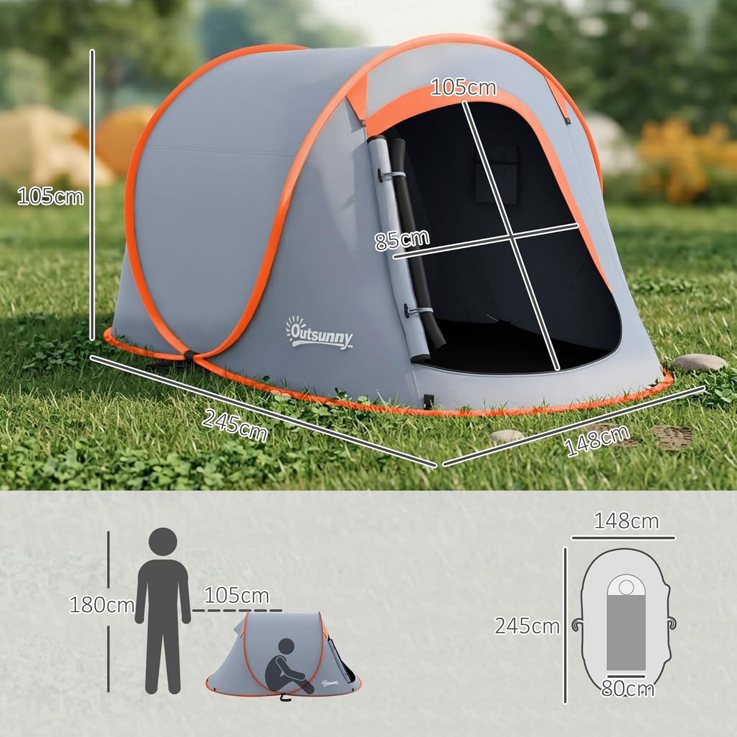 Thumbnail 6 de Outsunny Tente pop-up 2-3 personnes légère ventilée avec sac de transport (245 x 148 x 105 cm) grise