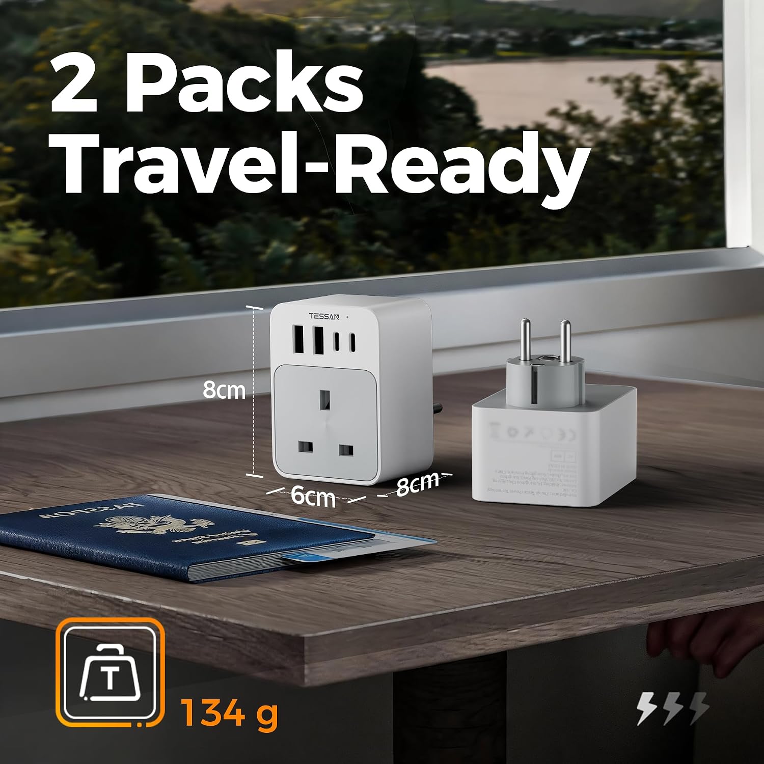 Detalle de TESSAN UK to European Plug Adapters (2 Pack) – Grounded, 4 USB Ports (2 USB-C) – Type E/F
