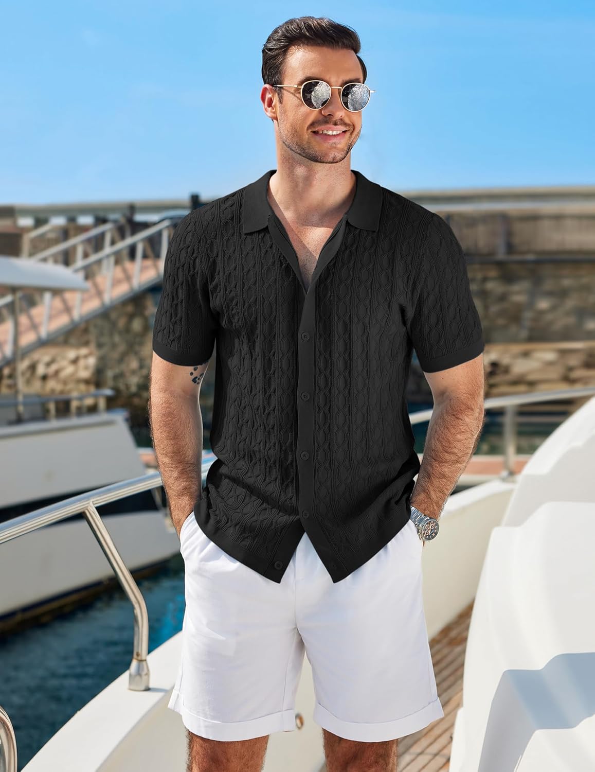 Thumbnail 2 de COOFANDY Men's Knit Short Sleeve Polo Shirt with Vintage Cable Knit