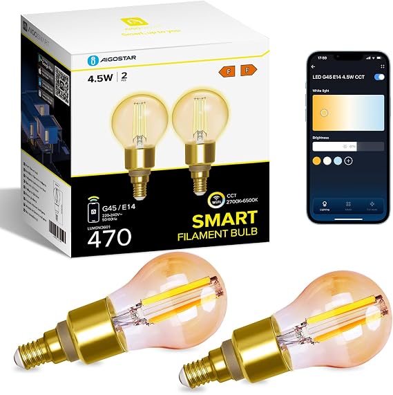 Detalle de Aigostar Bombilla Inteligente Alexa E14 Globo ✨ 2 unidades