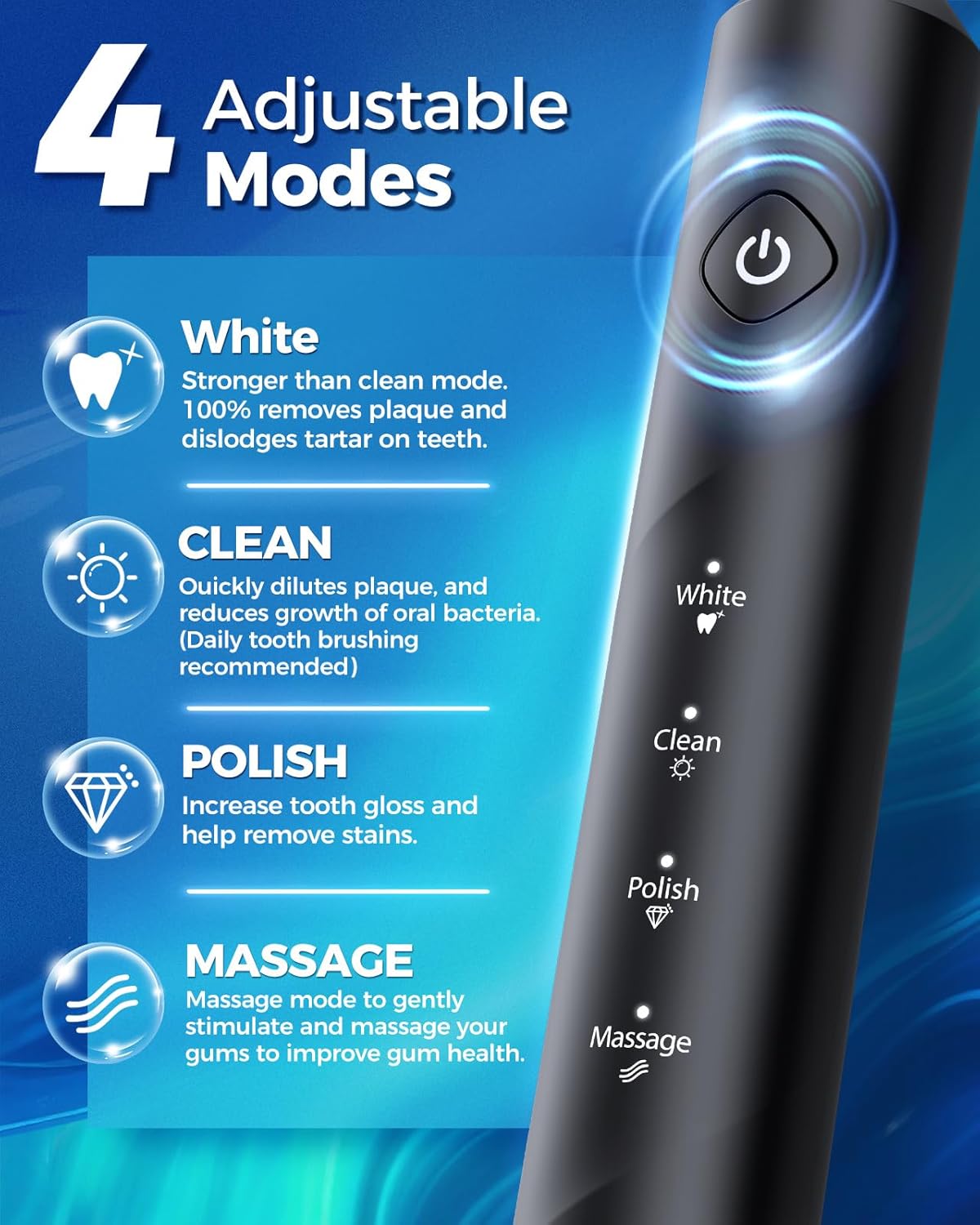 Thumbnail 3 de Rotating Electric Toothbrush for Adults (Black) – 8 Brush Heads, Fast Charging, 60-Day Battery, 4 Modes, IPX7