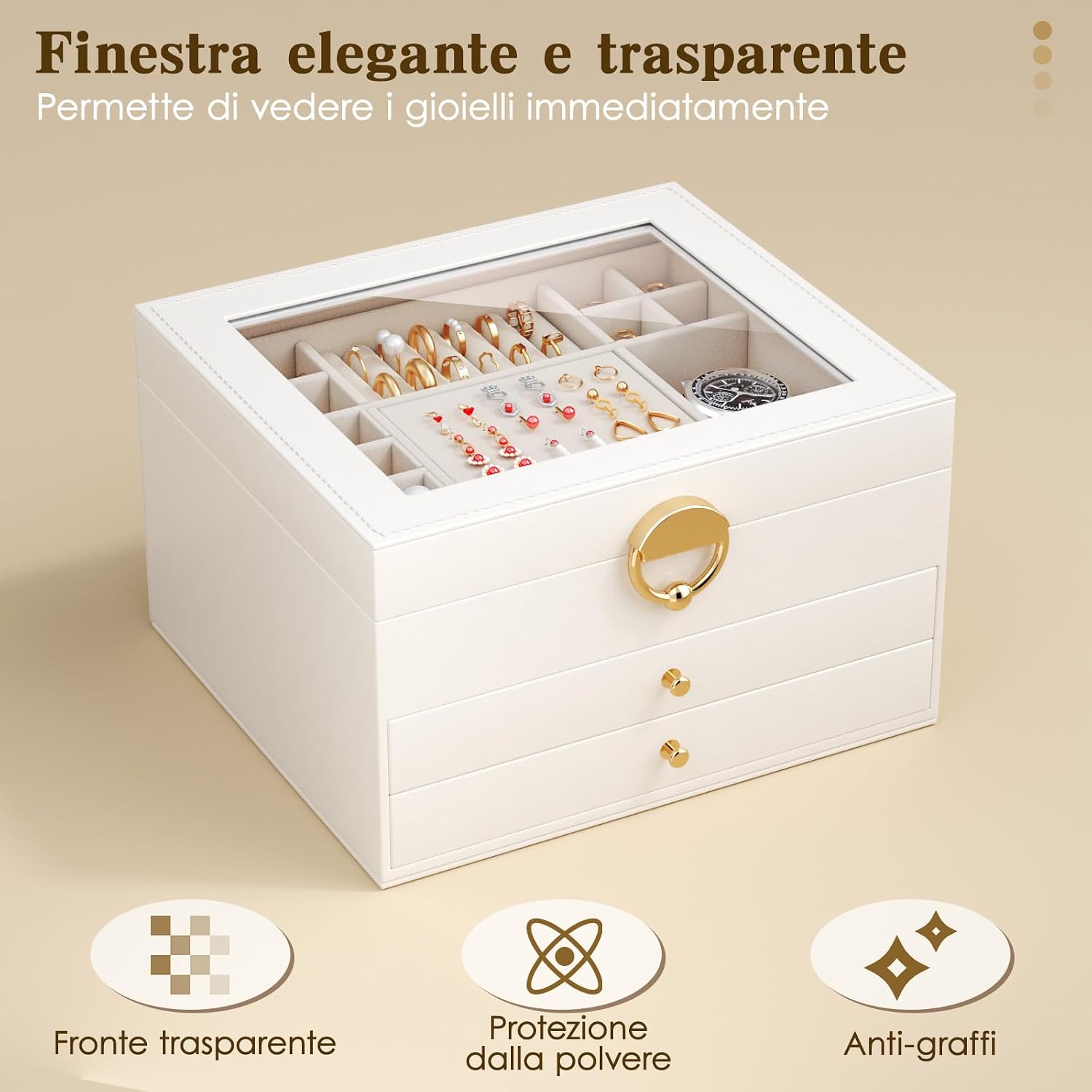 Thumbnail 4 de OrderlyGo Portagioie a 4 ripiani grande: organizer per gioielli con coperchio trasparente (bianco)