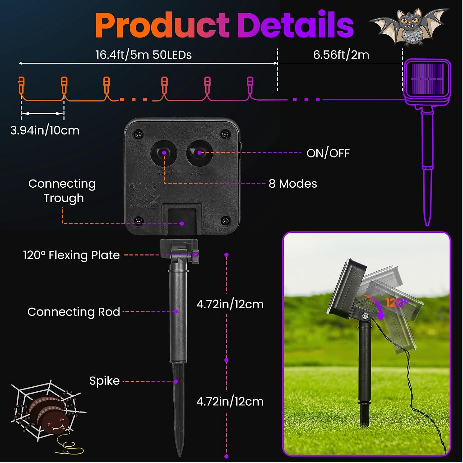Detalle 1 de Moettany Solar Halloween String Lights, 100 LEDs, 45 ft, Orange and Purple