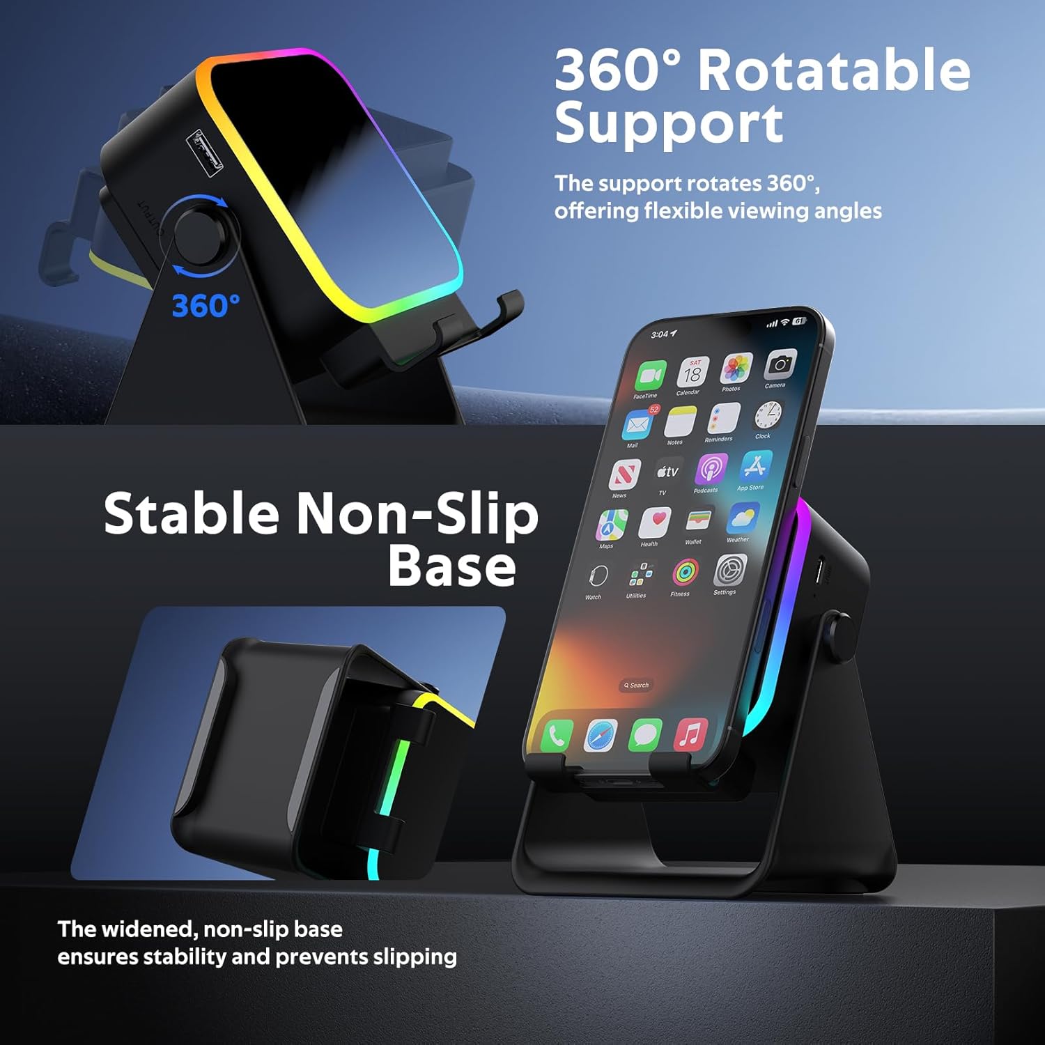 Detalle de BIIB Vatertagsgeschenk für Papa – 6-in-1 Induktions-Bluetooth-Lautsprecher mit 360°-Handyhalter, RGB-Licht und Ladefunktion