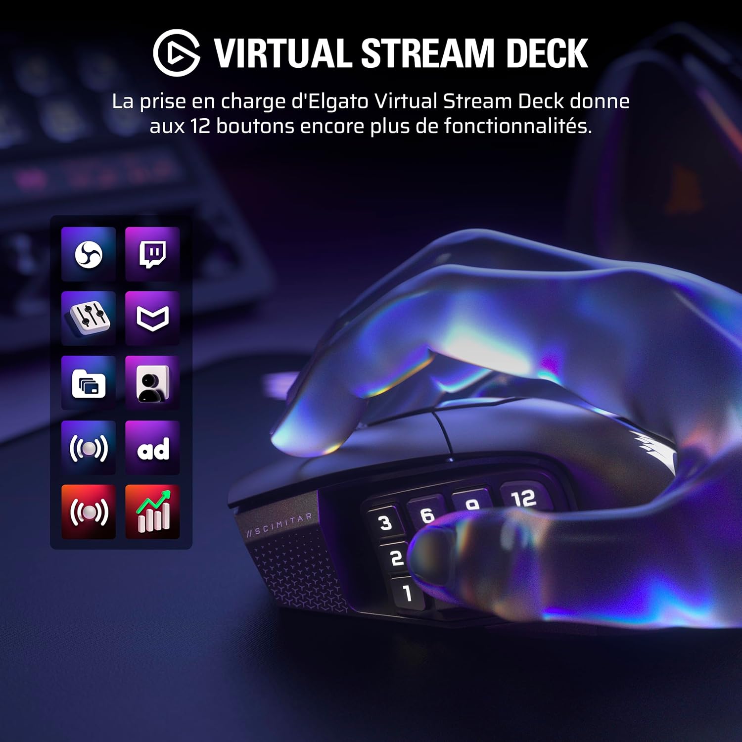 Thumbnail 4 de Corsair Scimitar Elite Wireless SE MMO — Souris gaming 33 000 DPI, 16 boutons et autonomie jusqu’à 150 h