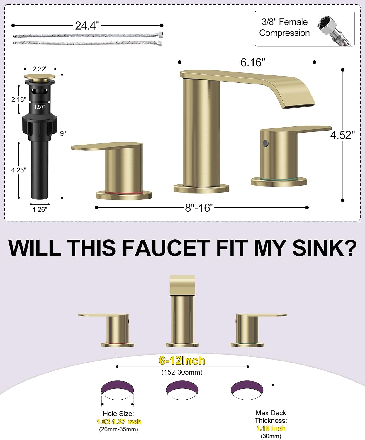 Detalle de Homevacious HM7165055BG 2-Pack Widespread Bathroom Faucets, Brushed Gold