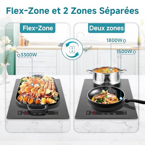Detalle de AMZCHEF Plaque à induction 2 feux avec zones flexibles – 3300W, BBQ, sécurité et minuterie