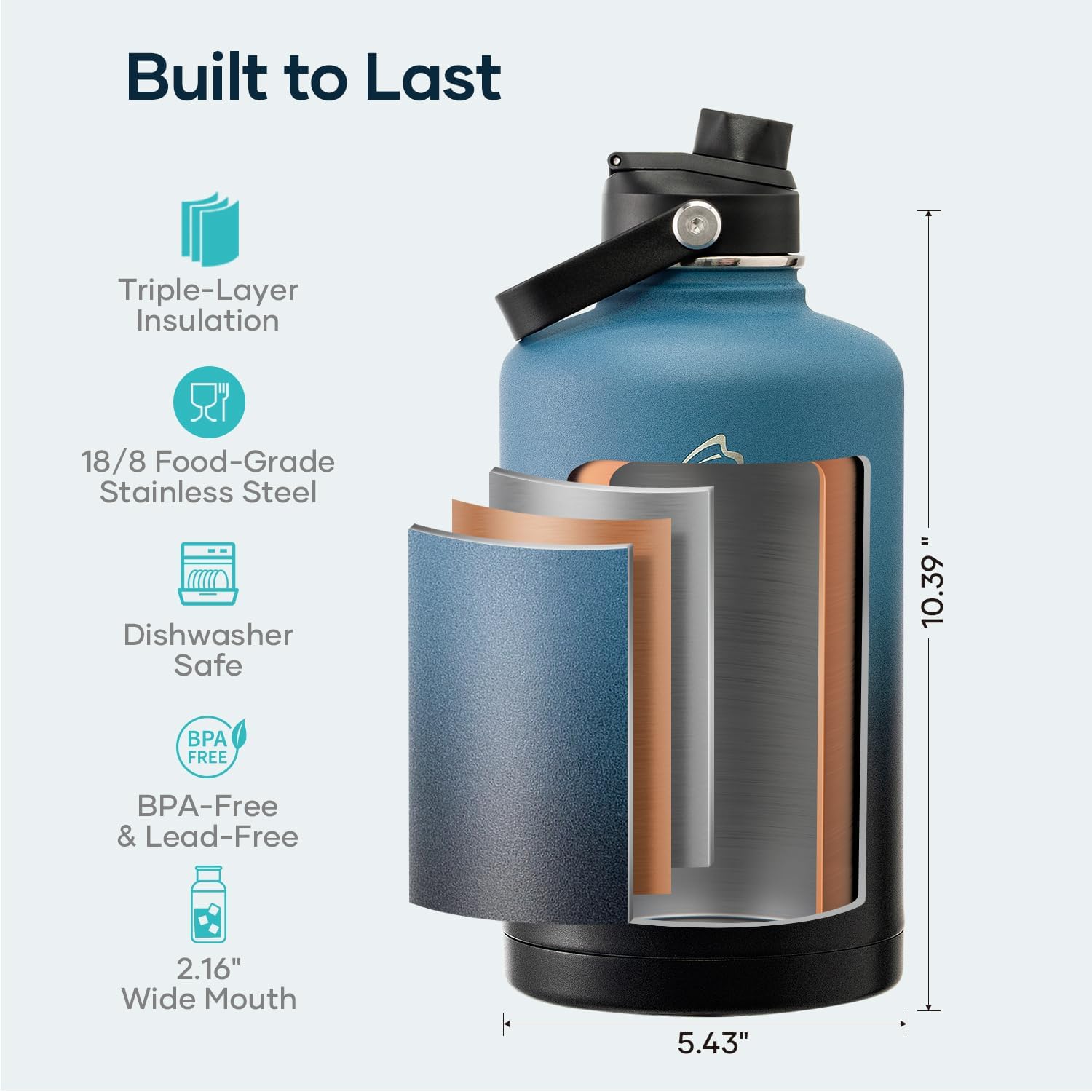 Thumbnail 3 de BUZIO 87oz Half Gallon Stainless Steel Water Bottle with Straw Lid and Flex Cap – Indigo Crush