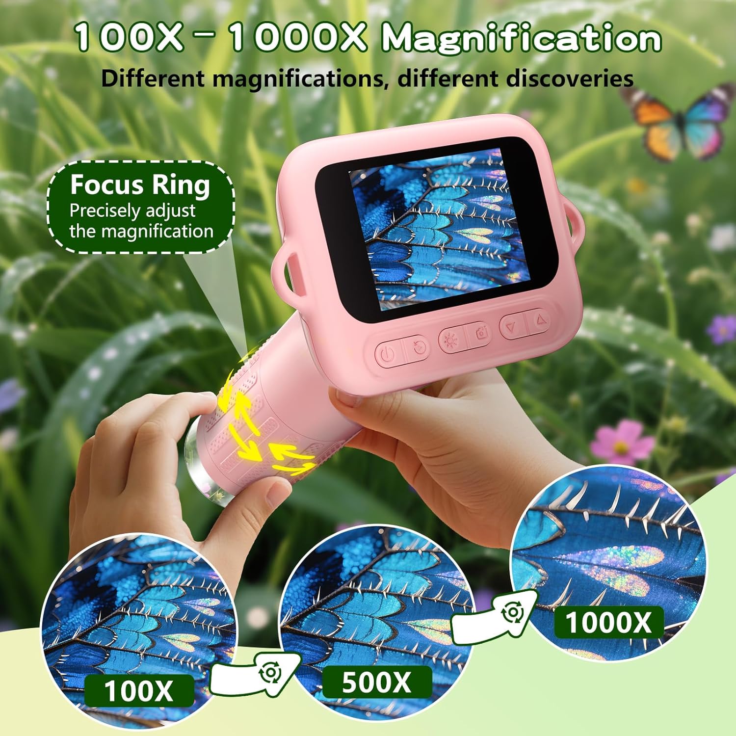 Detalle de Odatay Kids Digital Microscope (100X–1000X) with 1080P Camera, 12 Slides, Pink