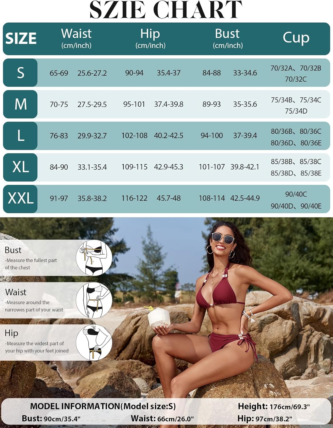 Thumbnail 5 de CMTOP Costume donna due pezzi bikini con halter triangolo e brasiliana vita alta regolabile