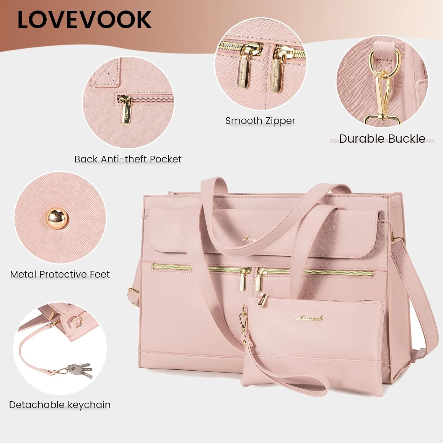 Detalle 2 de LOVEVOOK 15.6 Inch Laptop Tote for Women – Pink PU Leather with Detachable Clutch