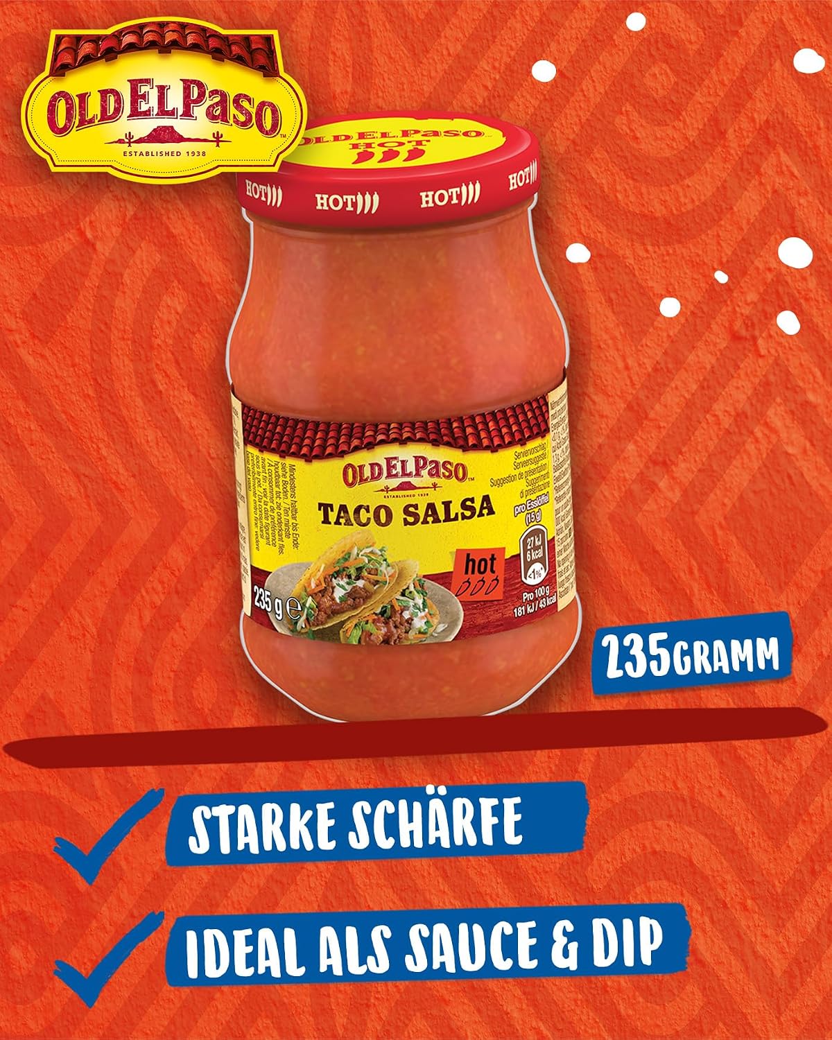 Detalle 2 de Old El Paso Tortilla Taco Salsa Hot – fruchtig-scharfe Tomaten-Salsa (6er Pack, 1 x 235 g)