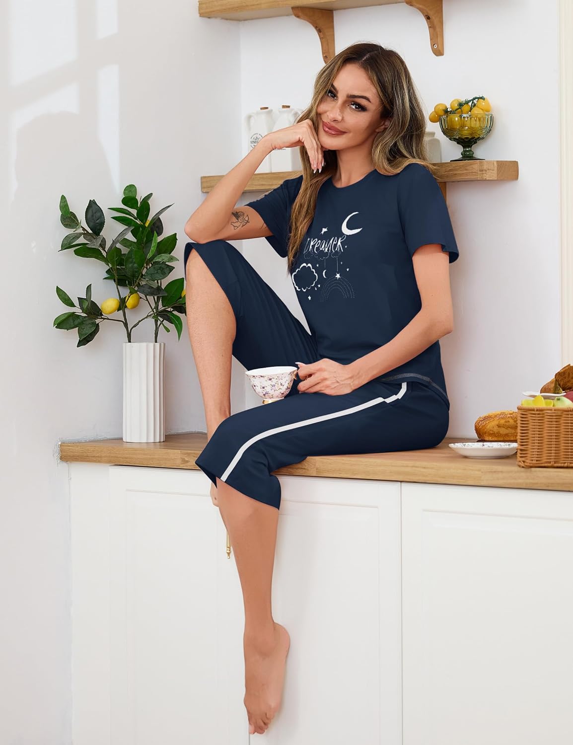 Thumbnail 4 de Terecey ensemble pyjama femme en coton (haut col rond + short)