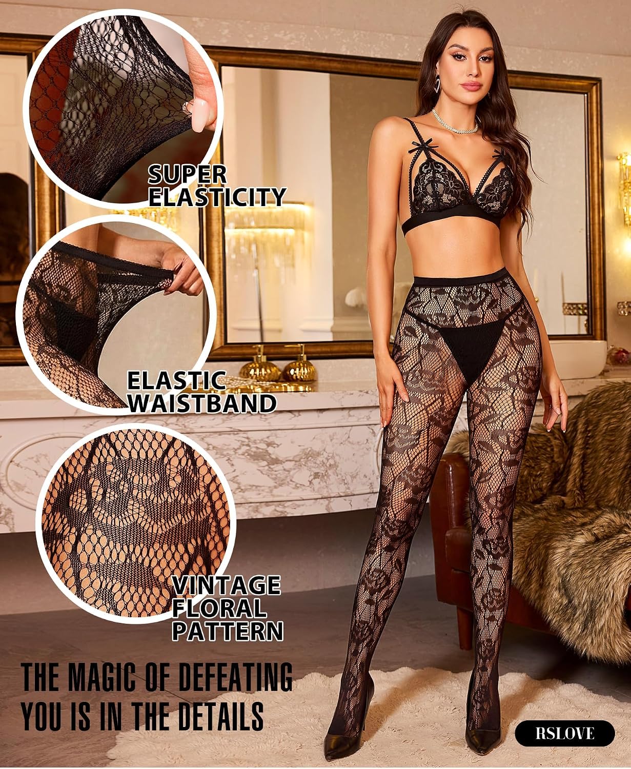 Thumbnail 2 de RSLOVE Fantasy Fishnet Tights, High-Waist Floral Pattern