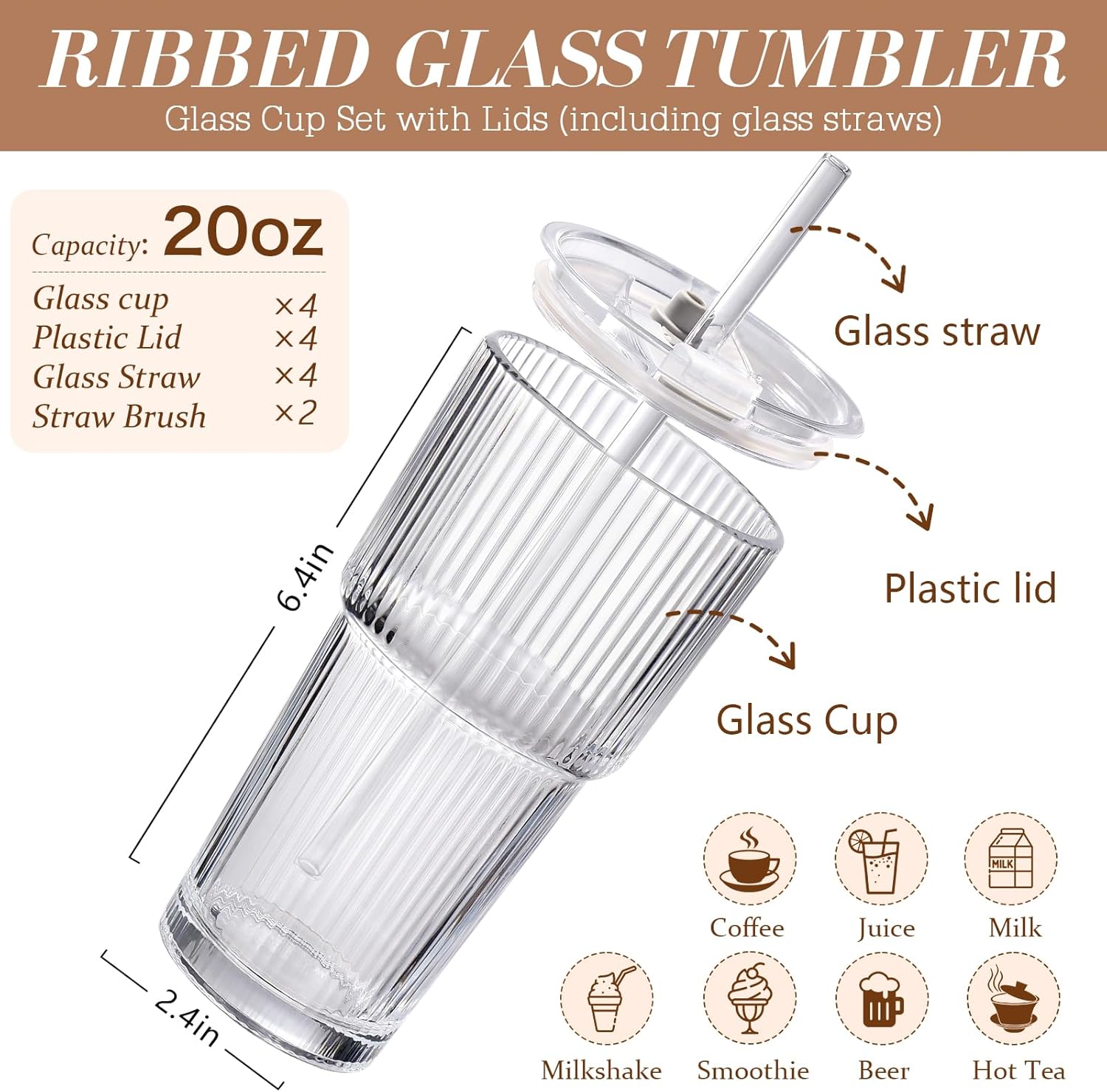 Detalle 2 de Ribbed Glass Iced Coffee Cups with Lids, Straw & Leak-Proof Design (Set of 4) – 20oz Tumblers