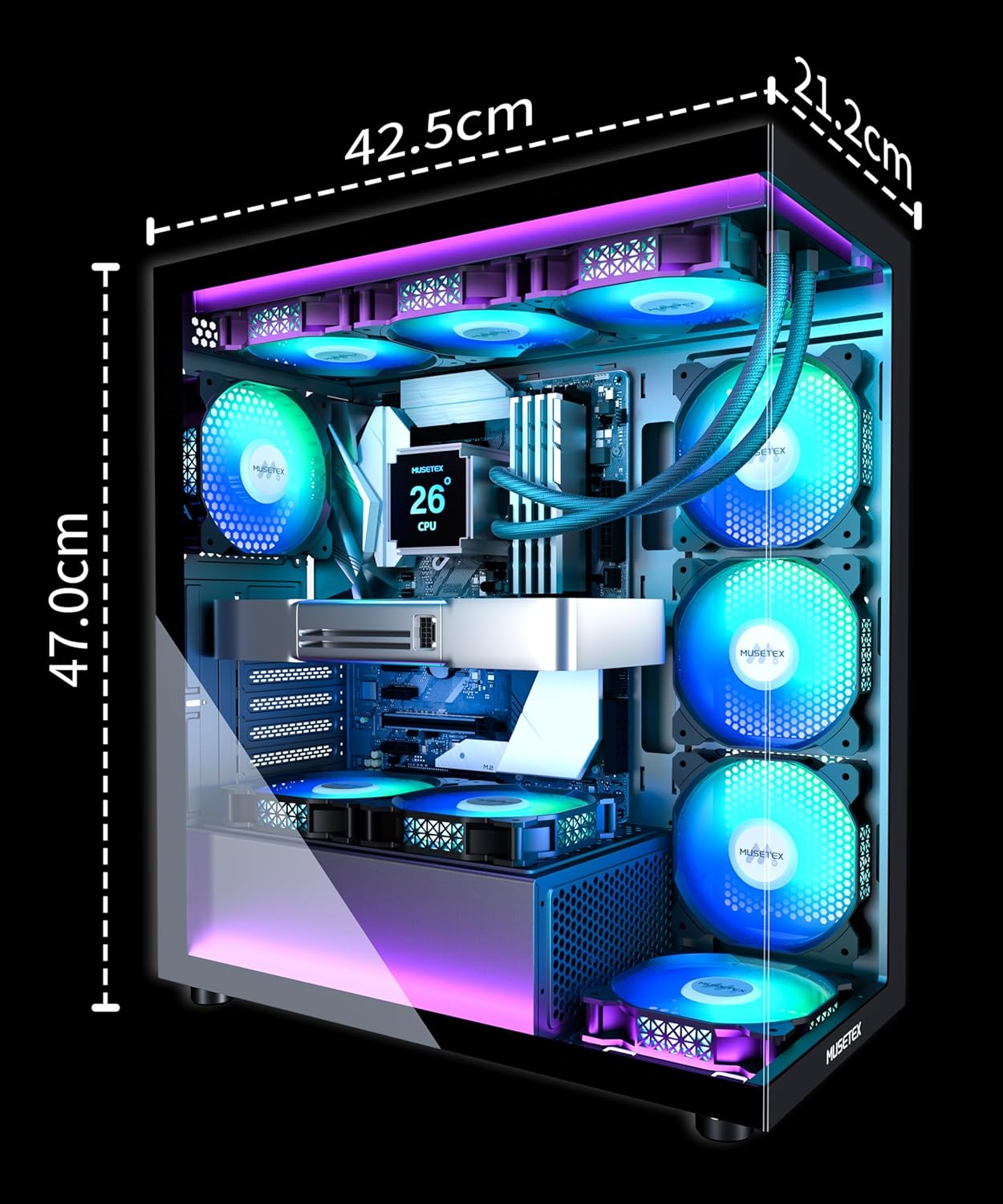 Thumbnail 5 de MUSETEX K2 Boîtier PC ATX pré-installé 7 ventilateurs ARGB
