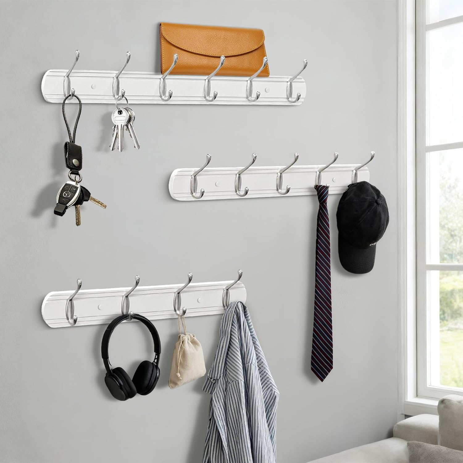 Thumbnail 4 de Yundoza Coat Hooks Wall Mount – Wood Bamboo with 4 Zinc Alloy Hooks (White & Brushed Nickel)