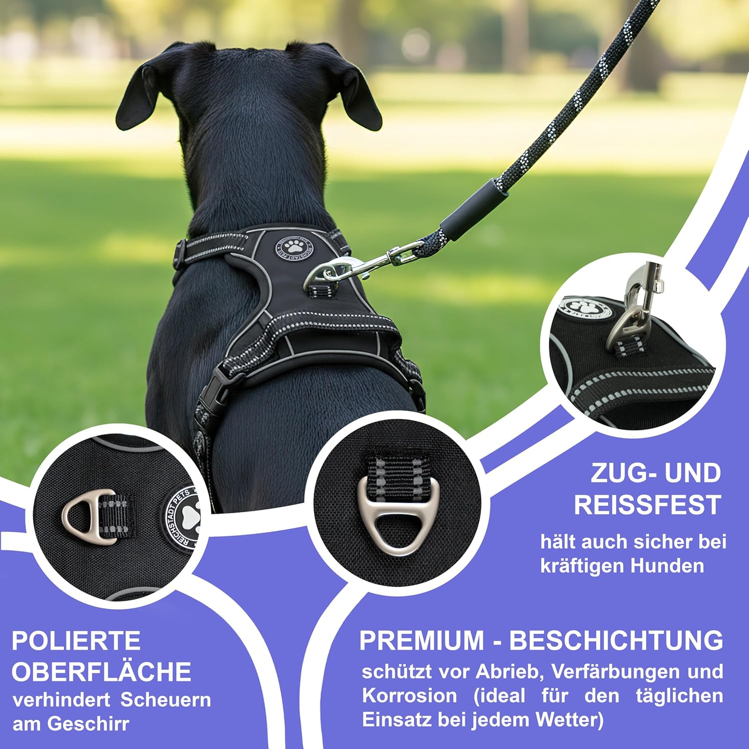 Detalle de Harnais anti-traction réglable Reichstadt Pets pour chien (noir, poignée + bandes réfléchissantes)