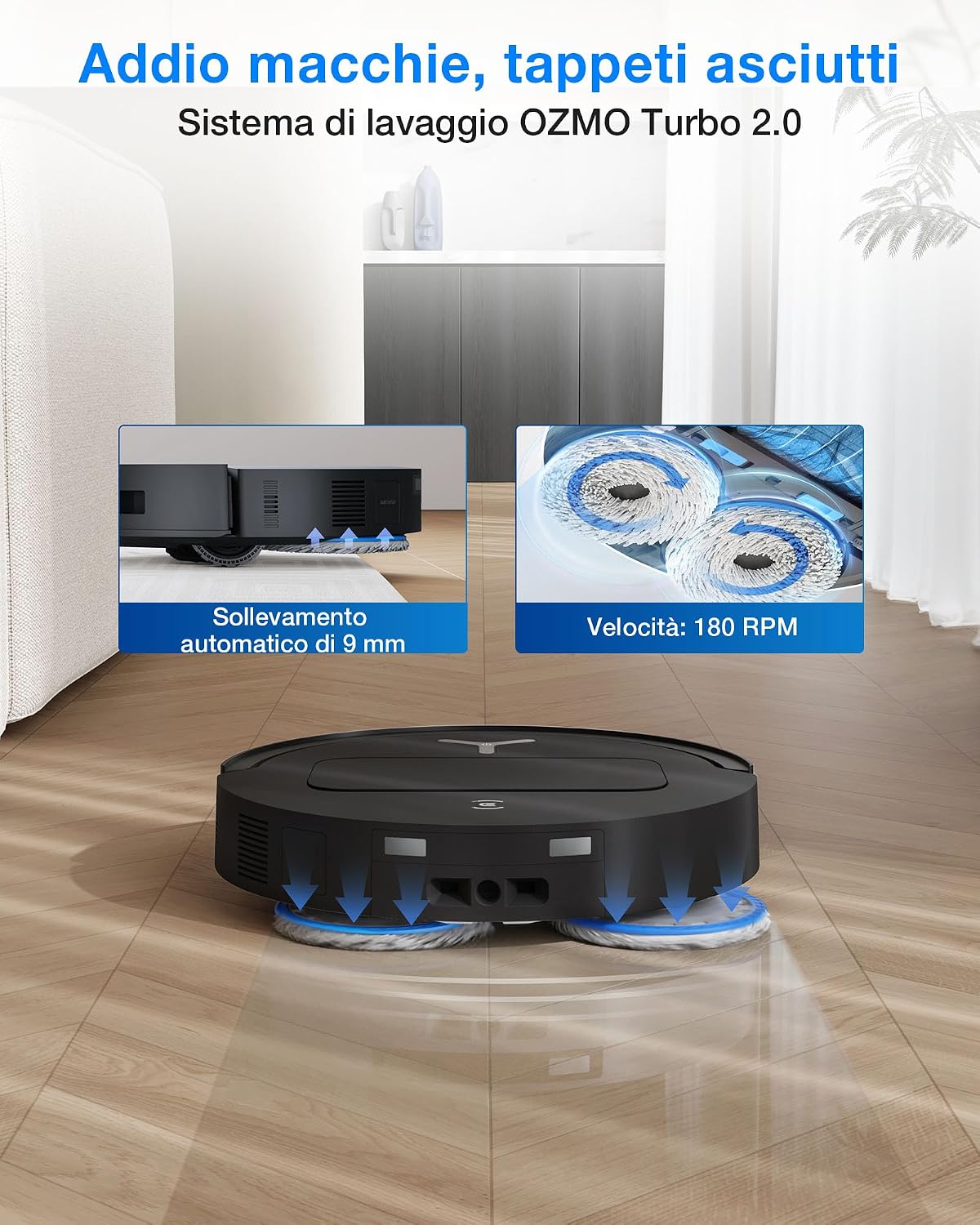 Detalle de ECOVACS Deebot T50 Omni Gen3: robot lavapavimenti con ZeroTangle 3.0 e stazione All-in-One