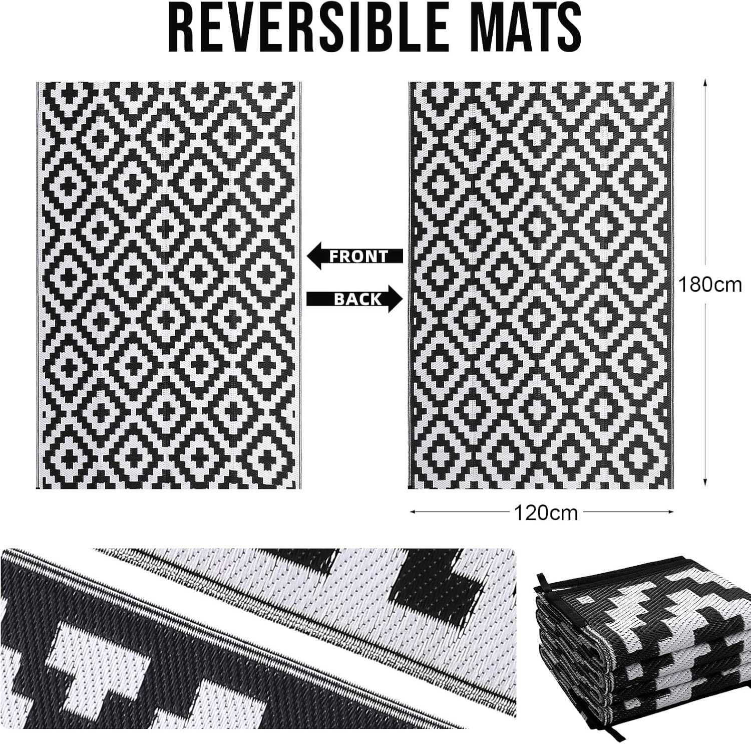 Thumbnail 1 de Homaxy Waterproof Outdoor Rug (120 x 180 cm) – anti-slip reversible plastic straw garden rug, black & white