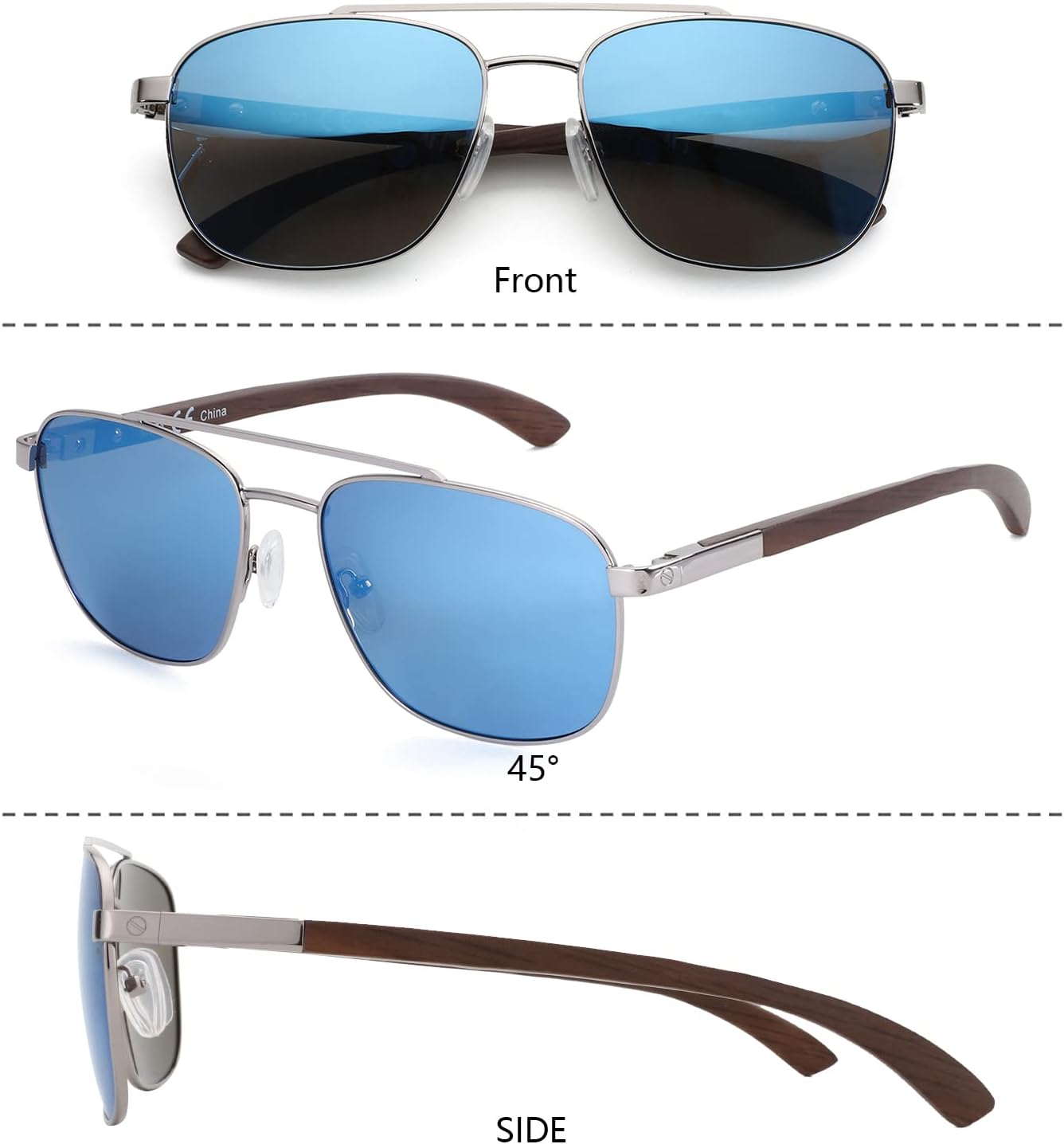 Detalle de ZENOTTIC Lunettes de soleil polarisantes pilote homme – monture carrée en bois et métal