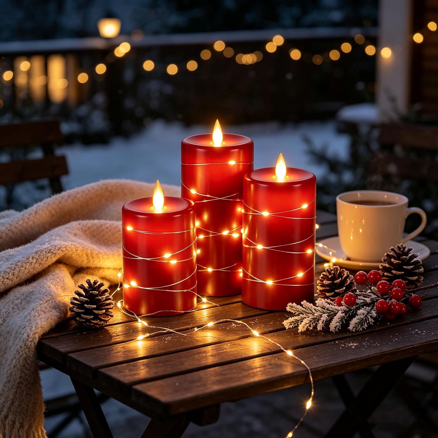Detalle 2 de Da by 3-Pack Red Real Wax Flameless Taper Candles with Copper Lights & Remote