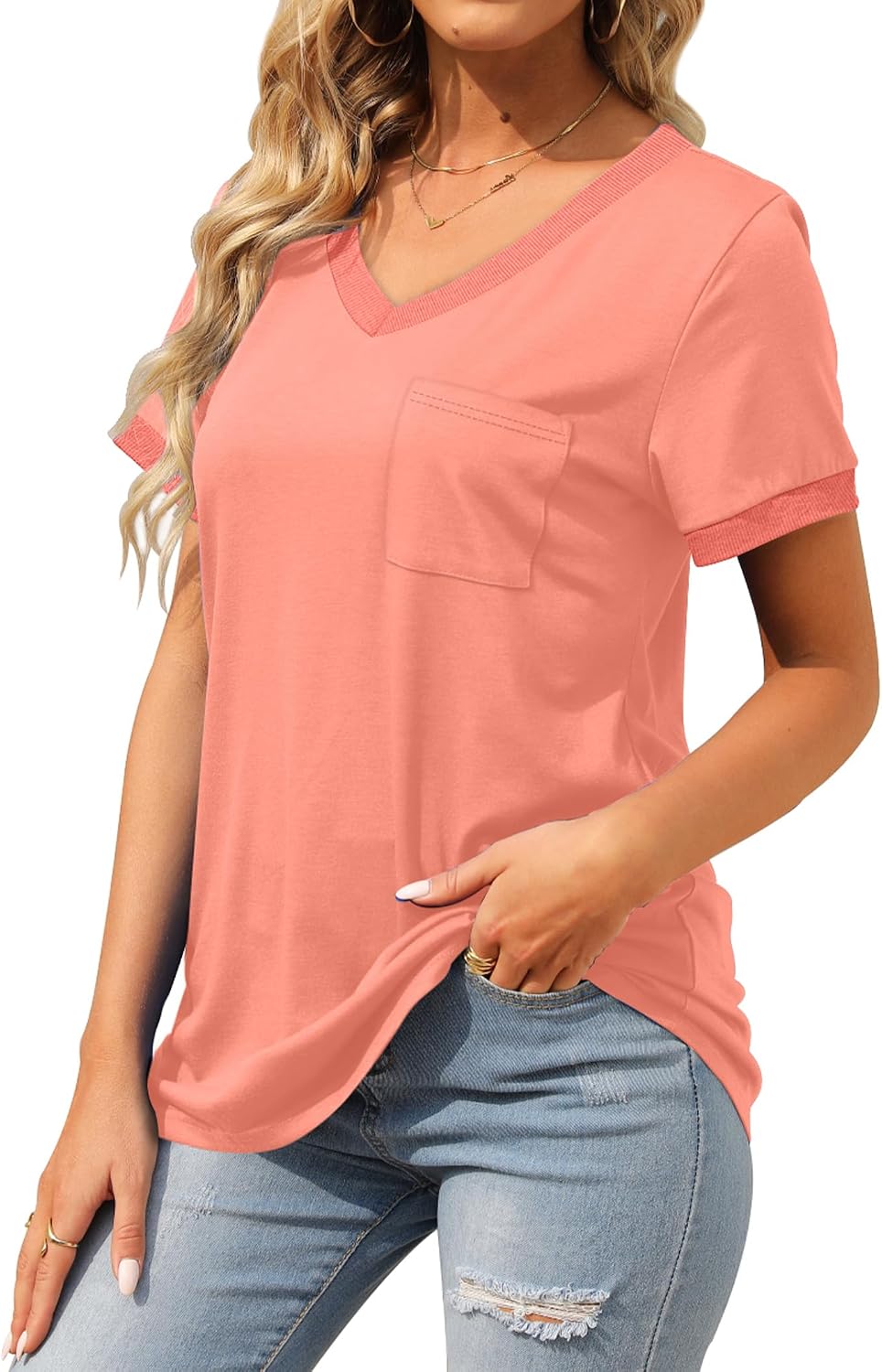 Detalle de Geifa Women’s V-Neck Short Sleeve Loose T-Shirt Top with Pocket